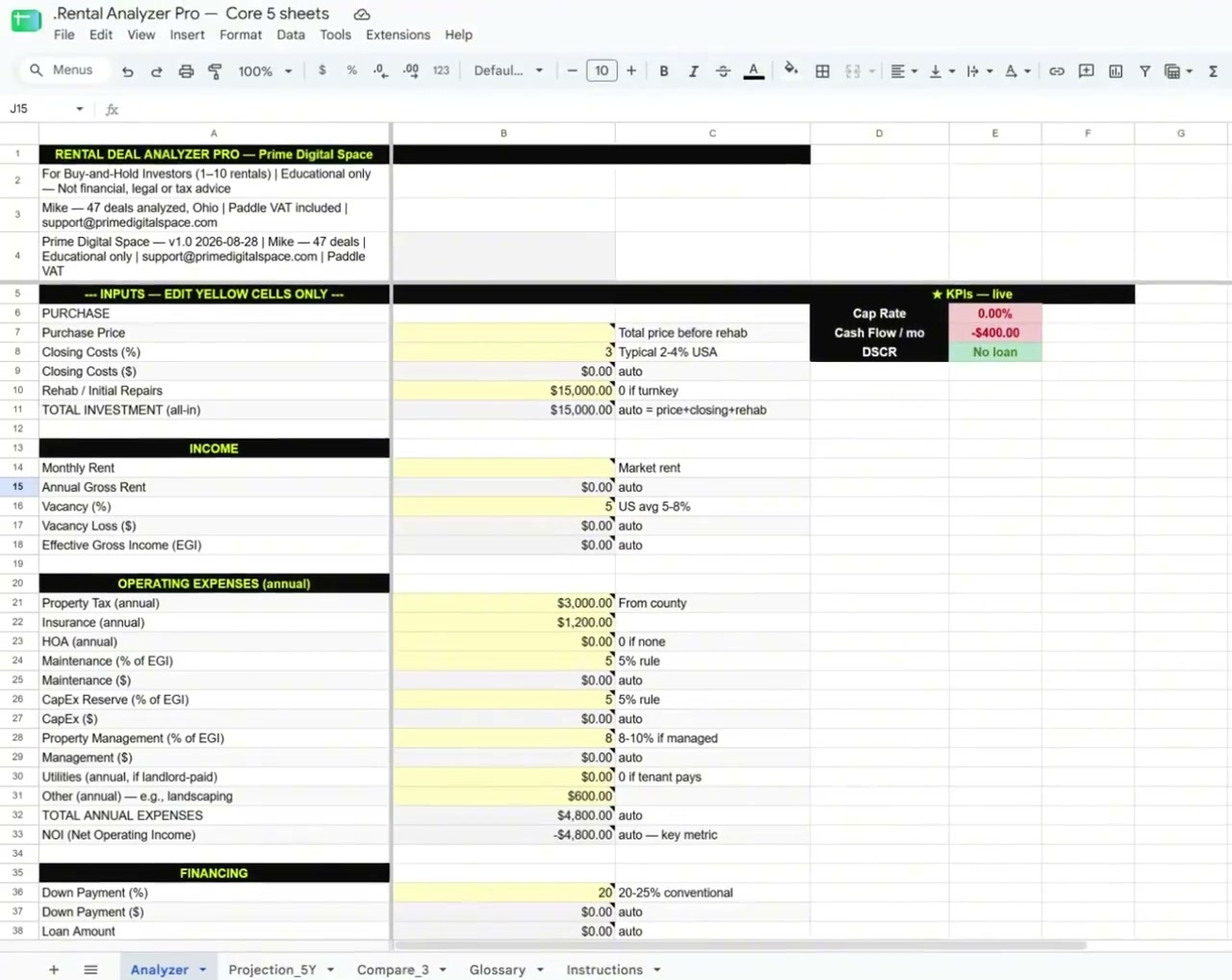 Rental Analyzer demo: Purchase $220k, Rent $2400, Cap 8.02% PASS status